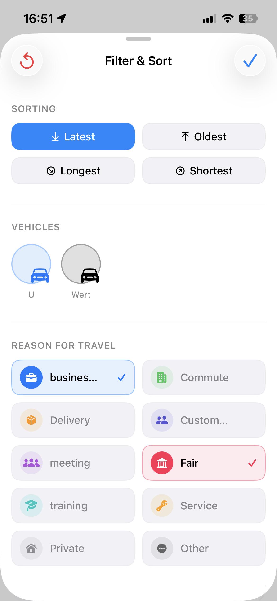 TLog trip filters for purpose and vehicle
