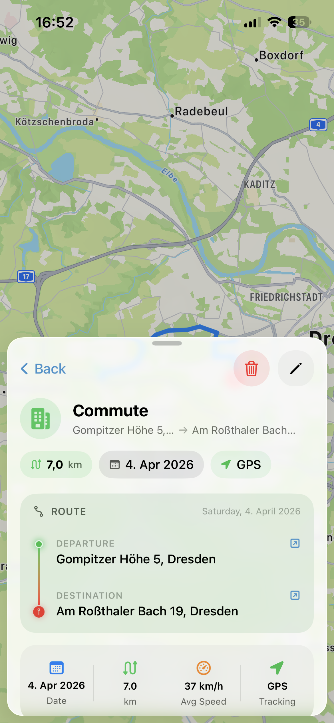 TLog route detail with map, distance, duration, and cost